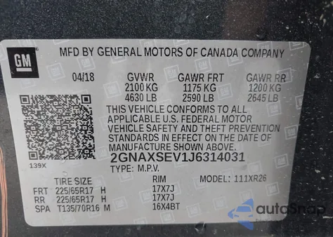 2018 Chevrolet Equinox Lt from USA, damaged, VIN 2GNAXSEV1J6314031